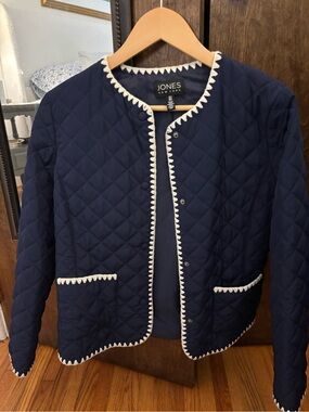 Jones New York Navy Quilted Bomber Jacket with White Trim